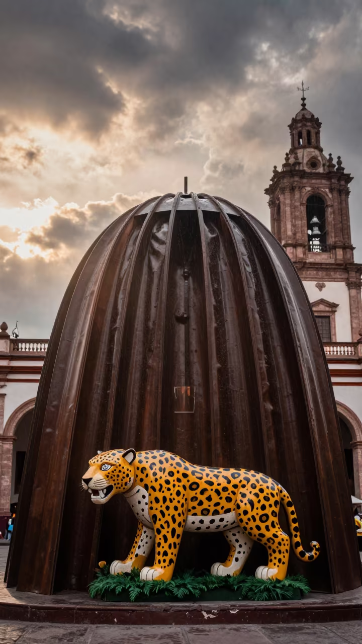 Alebrijes Carver Painting Wooden Jaguar in in a prayer hall in Guadalajara