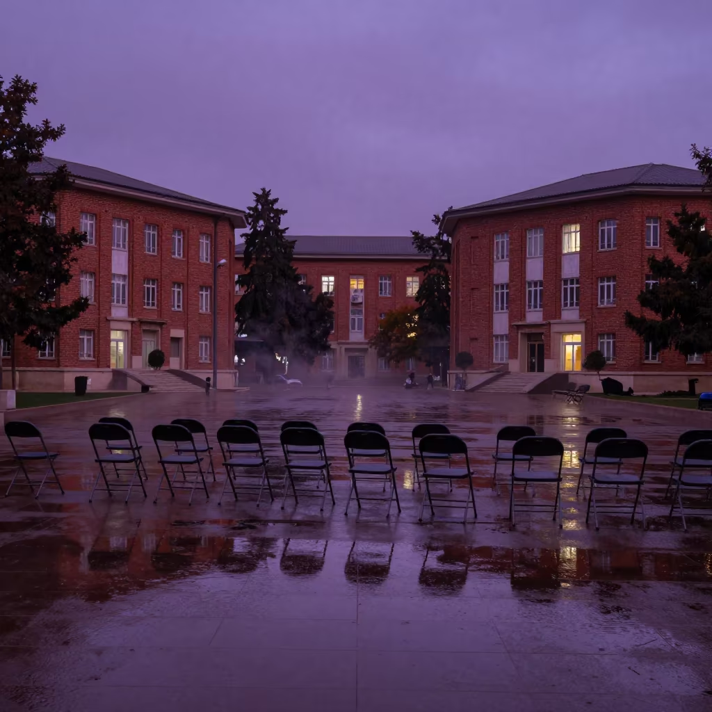 Aleppo Campus Quad Rain Twilight Graduation Chairs in on a graduation lawn under folding chairs in Aleppo