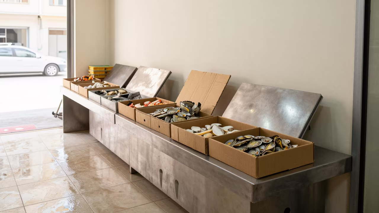 Aleppo Seafood Scoop Board Waxed Cardboard Steel in inside a storefront prepared for opening in Aleppo