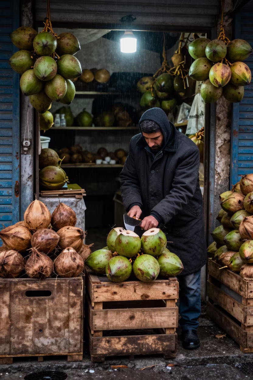 Aleppo Vendor Hacking Coconuts Before Dawn in at a market stall in Aleppo