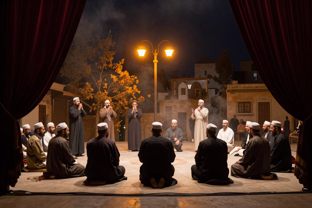 Aleppo Zikr Ceremony Under Street Lamp Glow in on a theater stage in Aleppo