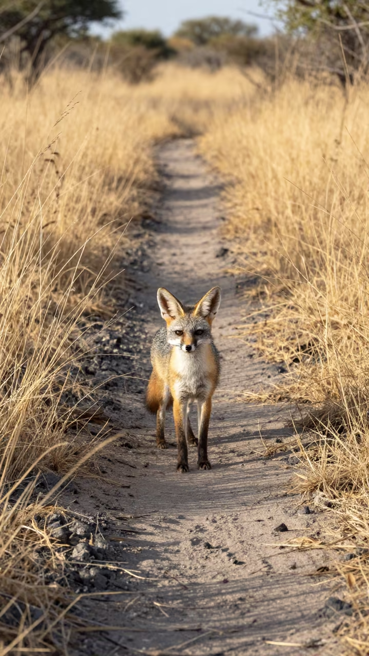 Alert Bat-Eared Fox on Dry Game Trail in along a game trail near Castilla