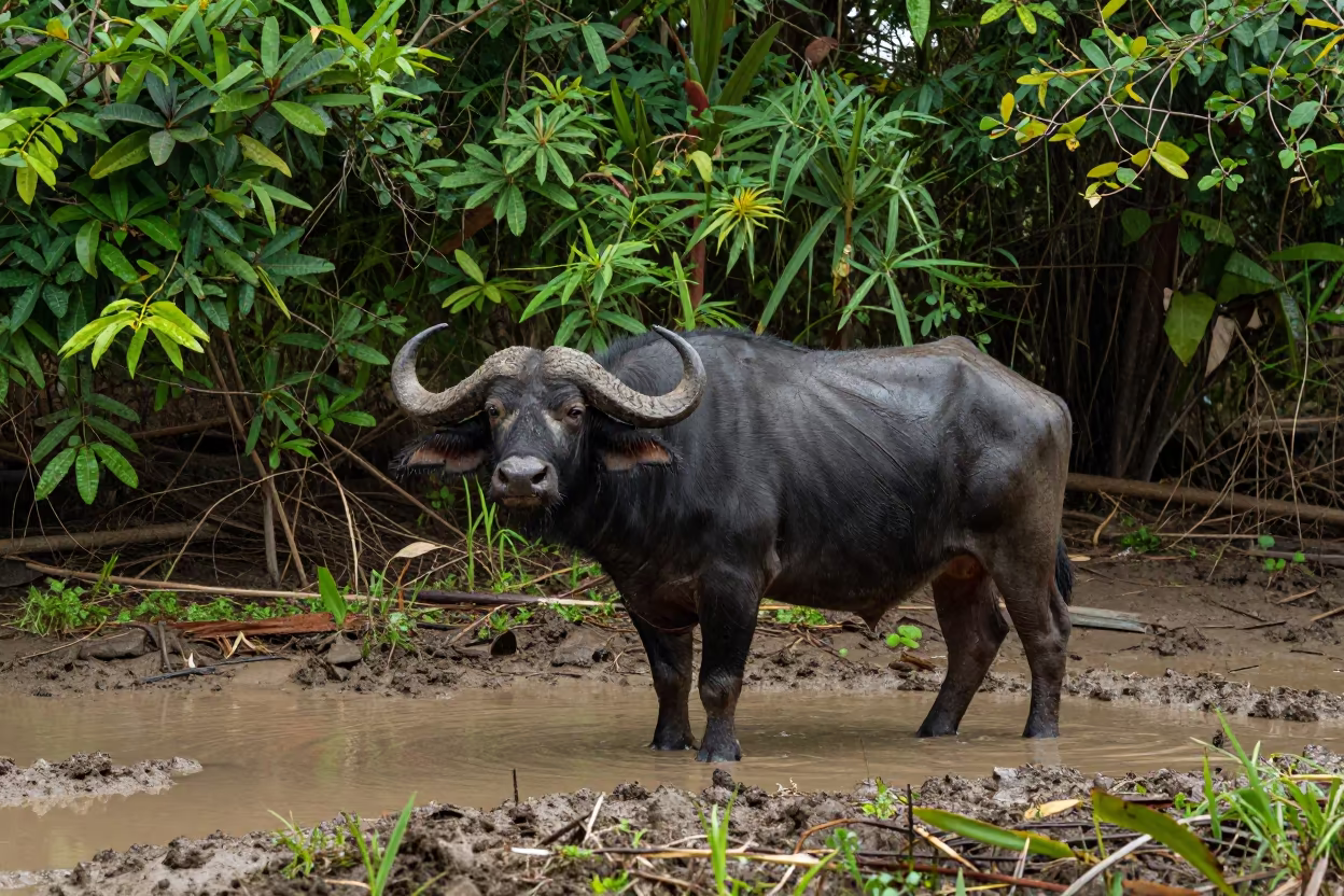Alert Cape Buffalo at Wet Season Waterhole Palembang in near Palembang