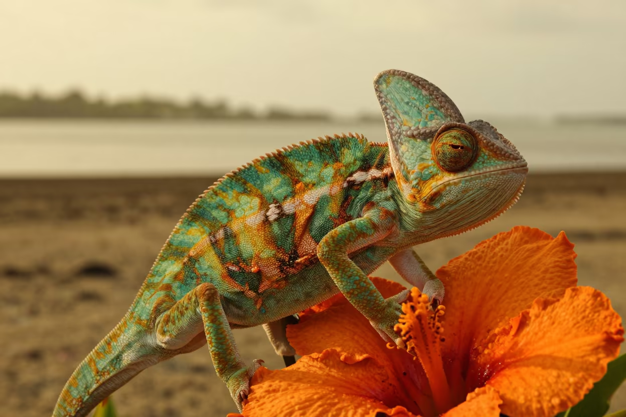 Alert Chameleon on Bright Flower in Dominican Evening in beside a tidal inlet in Dominican Republic