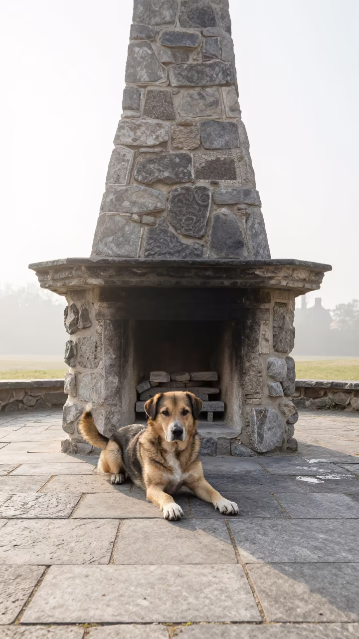 Alert Dog on Flagstone Beside Belgian Hearth in in Belgium