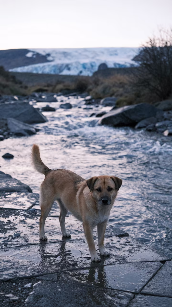 Alert Dog on Flagstone Near Glacial Stream at Dawn in above a glacial stream near Santa Cruz de la Sierra