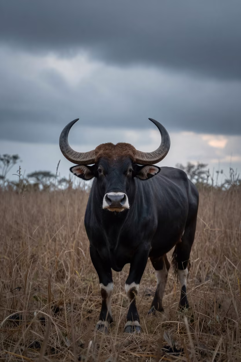 Alert Gaur Bull at Dawn in Suriname Reed Bed in at the edge of a reed bed in Suriname