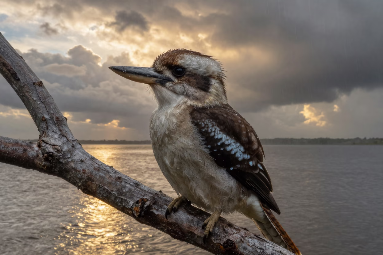 Alert Kookaburra on Gum Tree in Late Afternoon in near Ferkessédougou