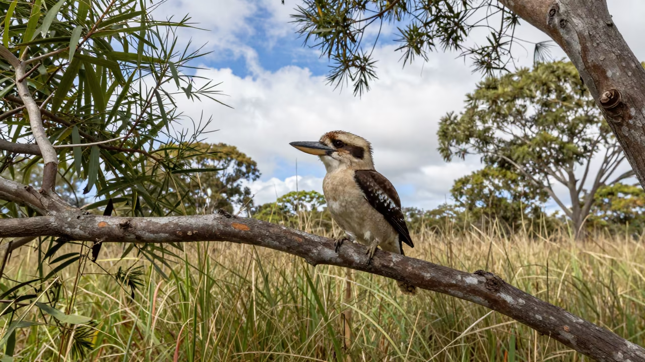Alert Kookaburra on Gum Tree Near Taza in at the edge of a reed bed near Taza