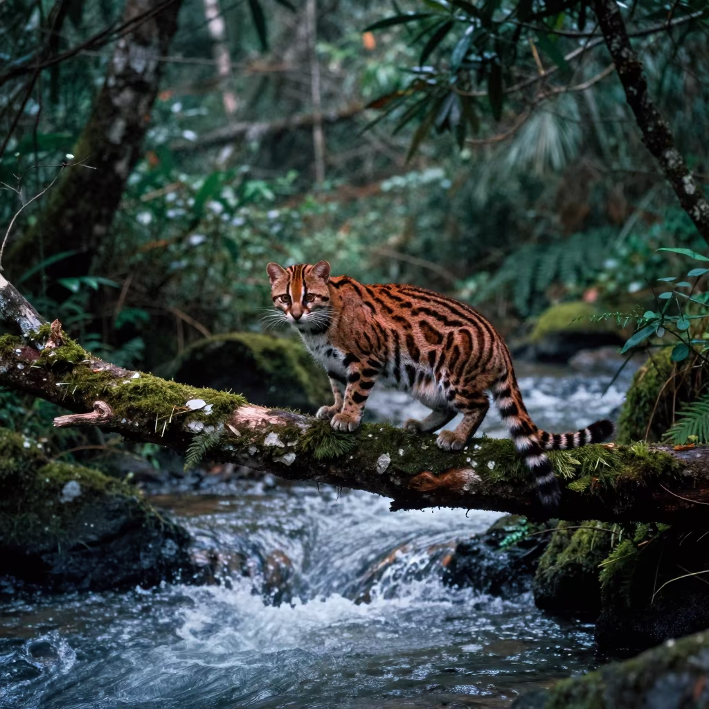 Alert Ocelot Perched on Branch Above Stream in above a glacial stream in Sri Lanka