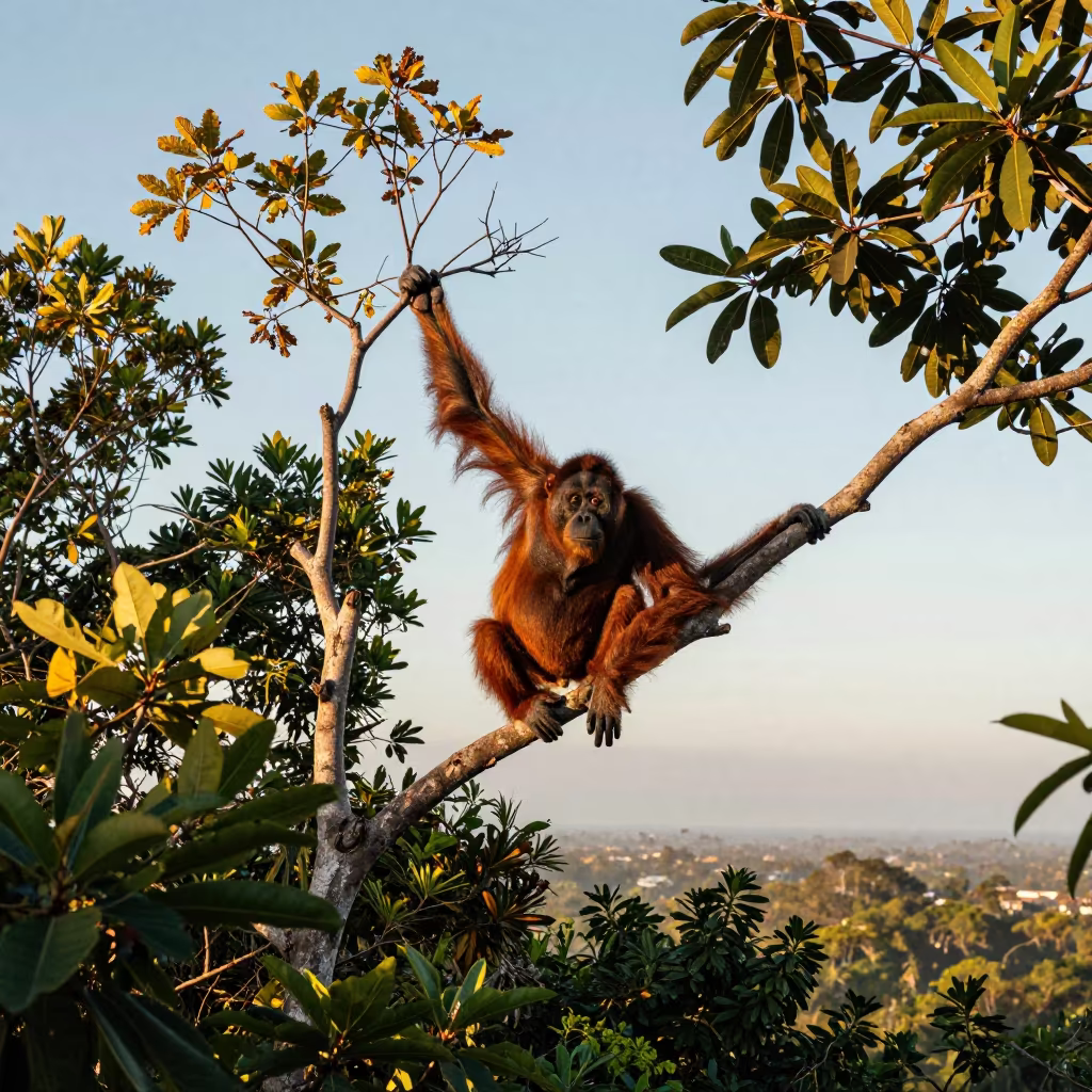 Alert Orangutan in Santander Canopy at Dawn in near Santander