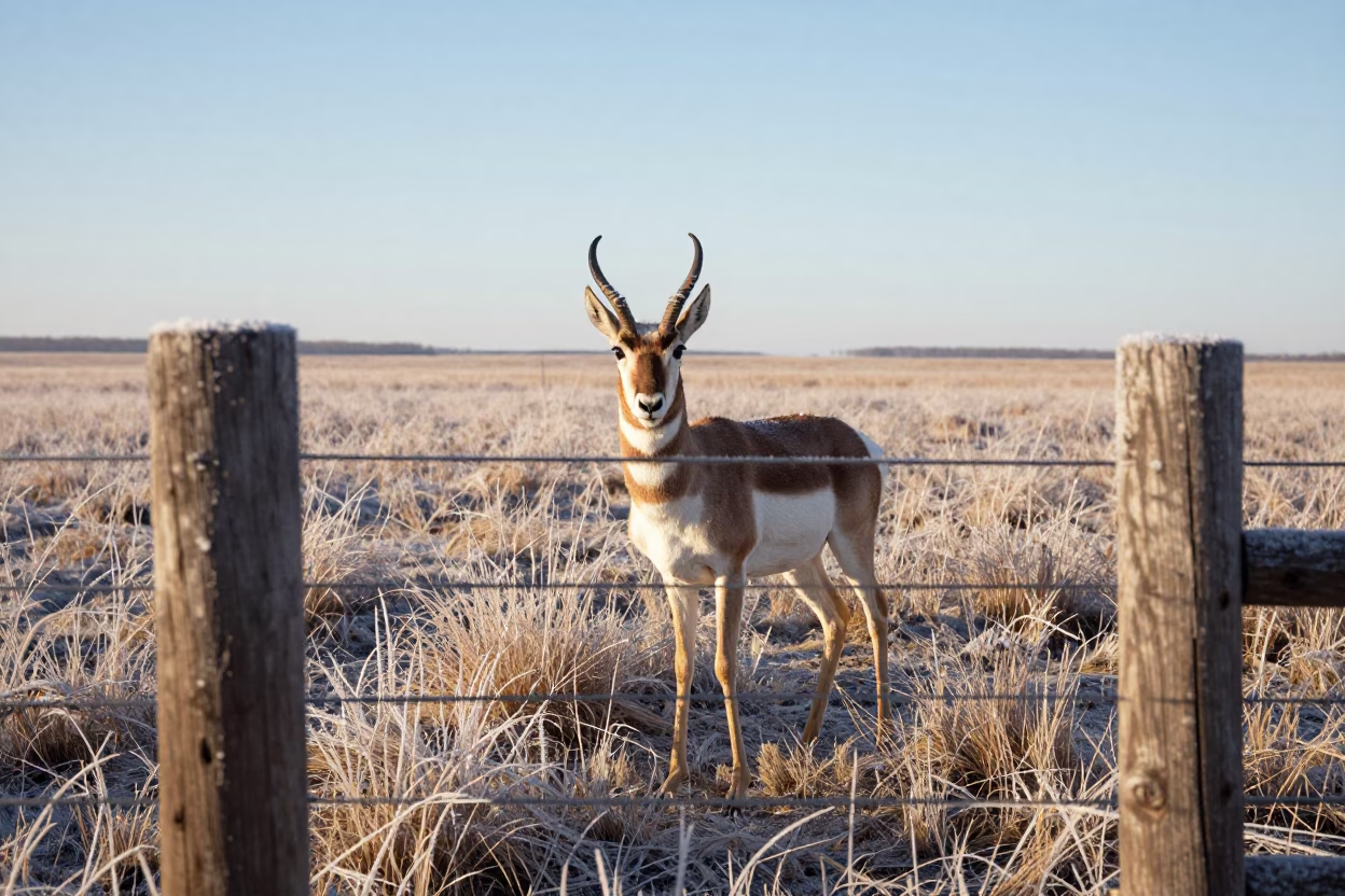 Alert Pronghorn Antelope on Frosted Early Winter Prairie in near Raleigh