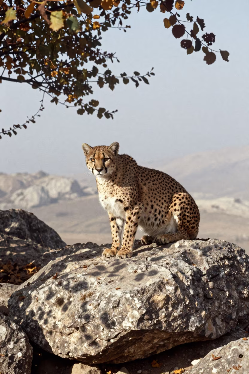 Alert Puma Crouching on Boulder Amidst Mist in on a wind-scoured ridge near Afyonkarahisar