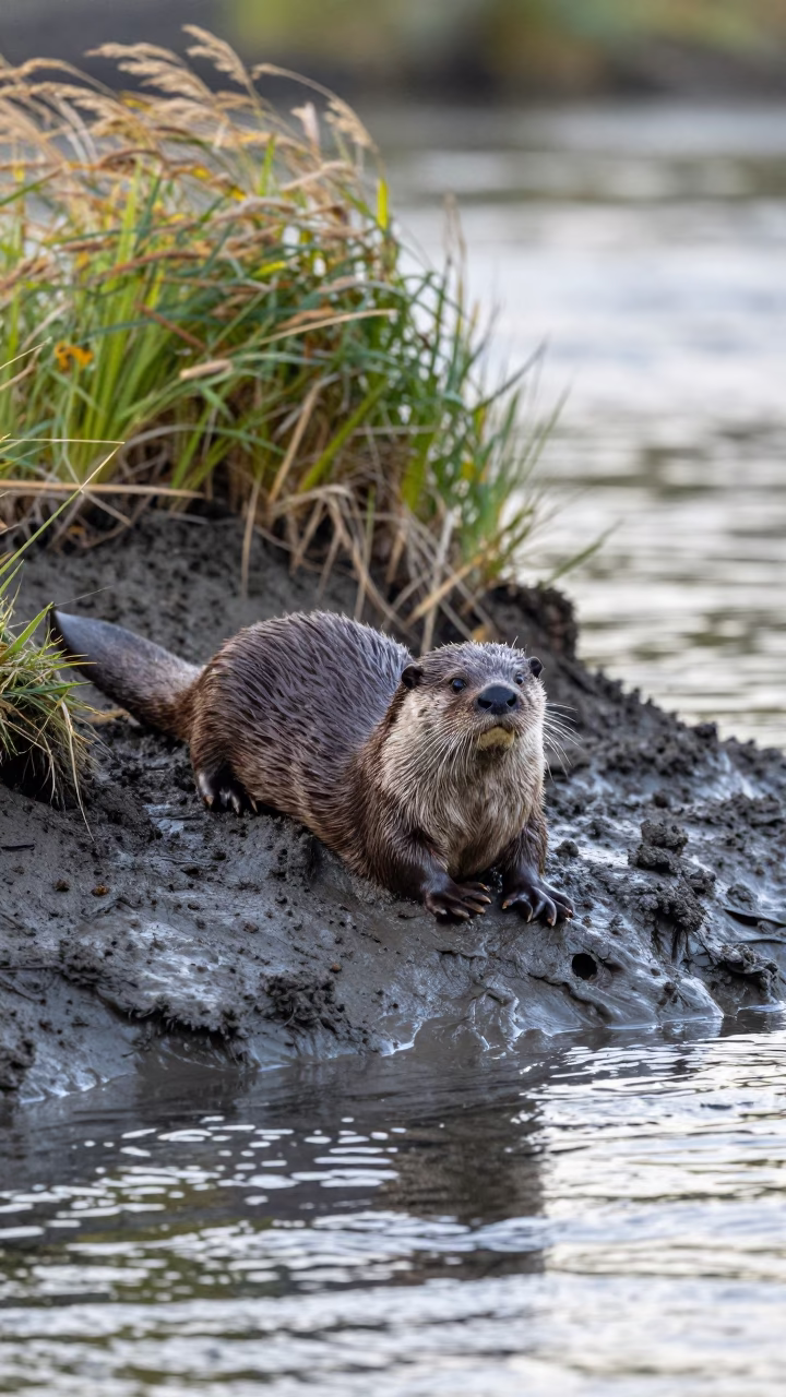 Alert River Otter Sliding on Seattle Mudbank in on a wind-scoured ridge near Georgetown, Seattle