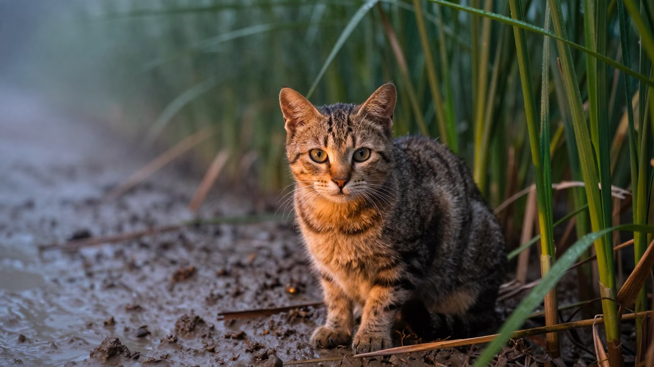 Alert Tabby Cat in Reed Bed Sunbeam Hanoi in at the edge of a reed bed near Hanoi