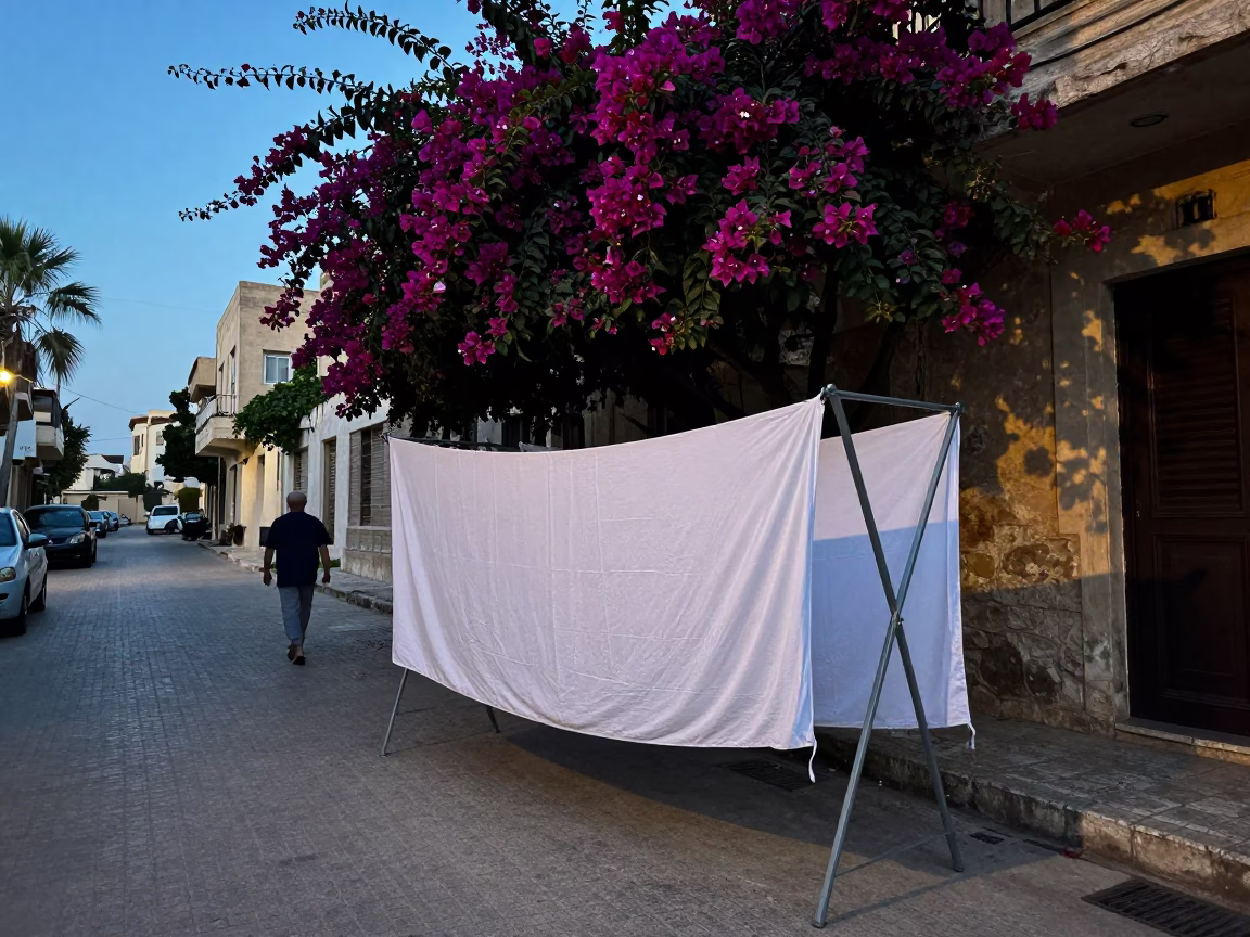 Alexandria Blue Hour Street Scene With Drying Rack And Bougainvillea in in Alexandria, Egypt