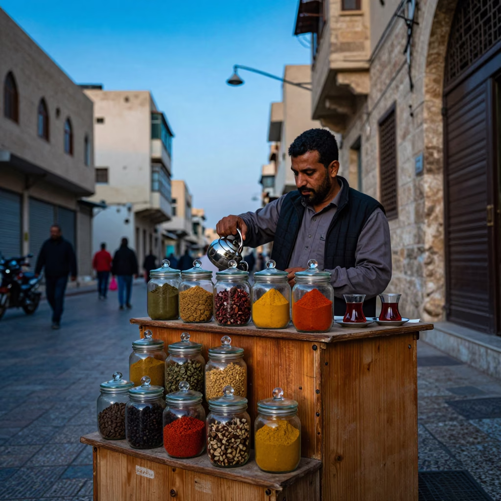 Alexandria blue hour street scene with tea and spice jars in in Alexandria, Egypt