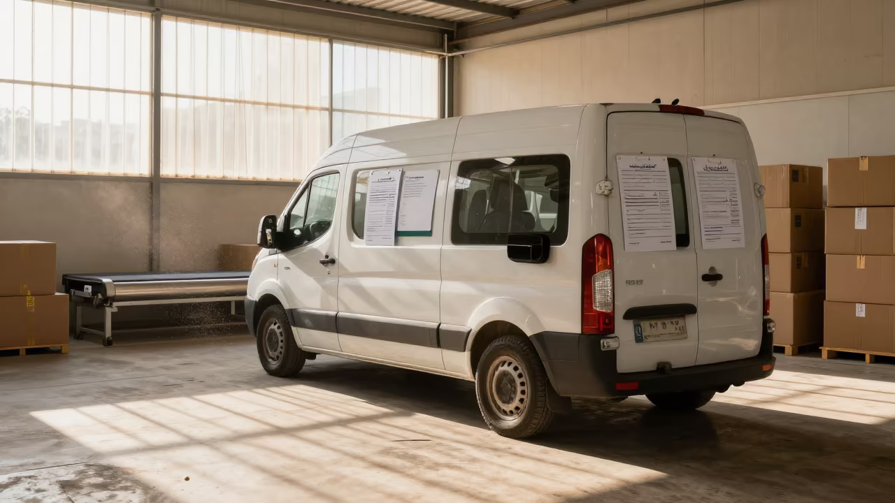 Alexandria Courier Van Loading Zone Late Afternoon in at a parcel sorting belt in Alexandria