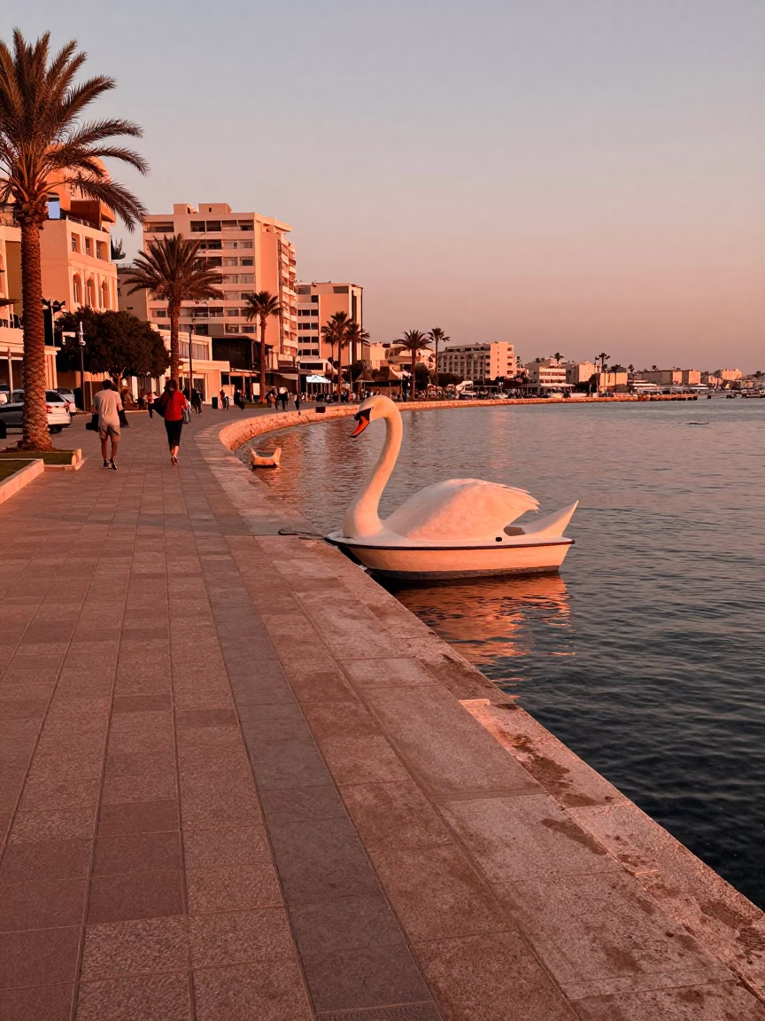 Alexandria Egypt before dusk copper light street scene with swan pedal boat in in Alexandria, Egypt