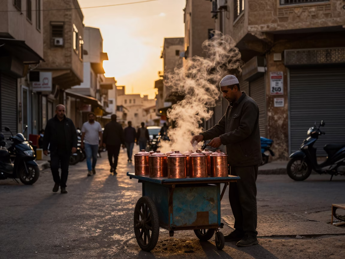 Alexandria Egypt Before Dusk Steaming Tea Canisters and Local Street Life in in Alexandria, Egypt