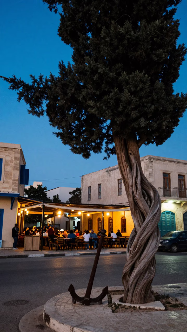 Alexandria Egypt Blue Hour Street Scene with Cedar Tree and Local Life in in Alexandria, Egypt