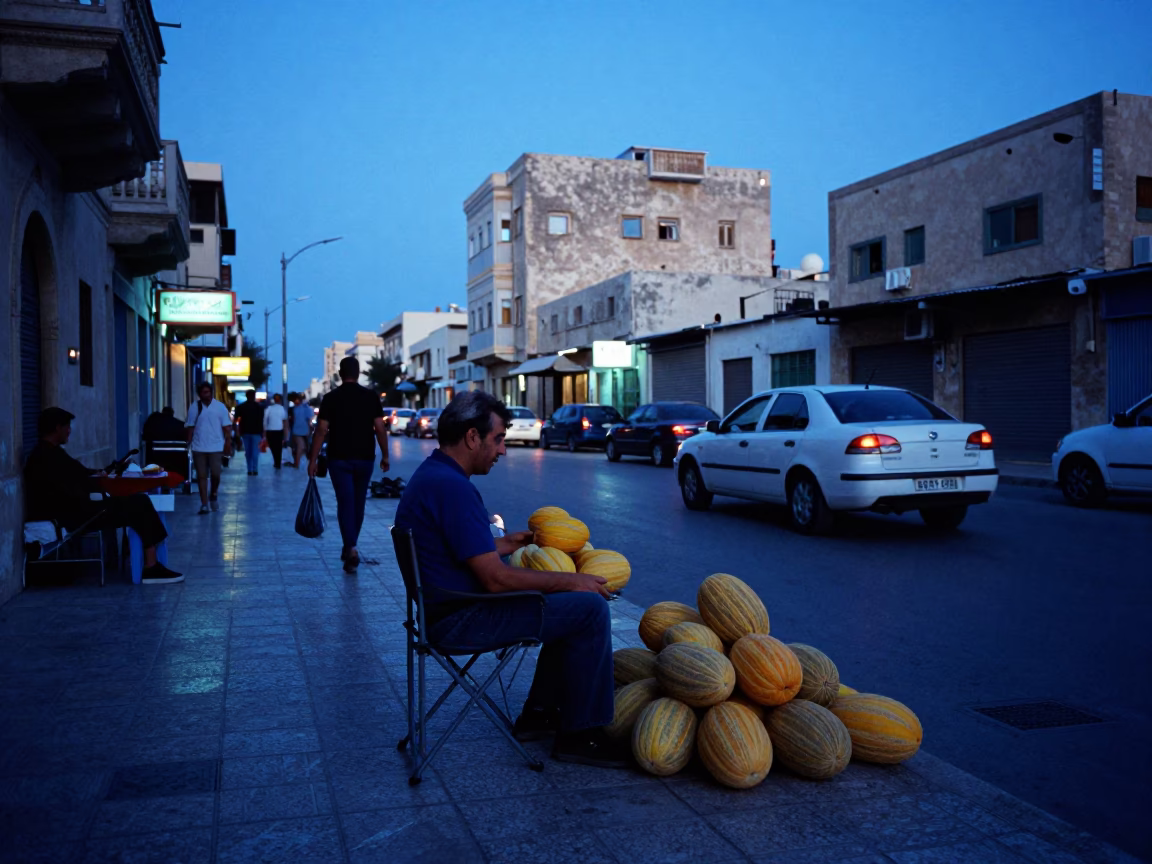 Alexandria Egypt Blue Hour Street Scene with Folding Chair and Melons in in Alexandria, Egypt