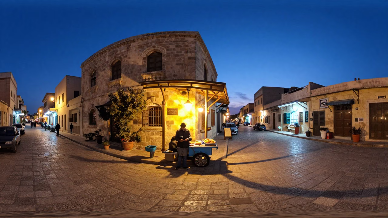 Alexandria Egypt Blue Hour Street Scene with Lantern Light and Local Life in in Alexandria, Egypt