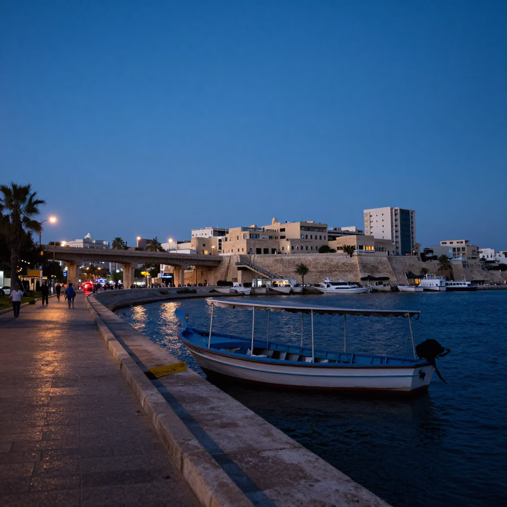 Alexandria Egypt Blue Hour Street Scene with Longtail Boat and Overpass Taillight Streaks in in Alexandria, Egypt