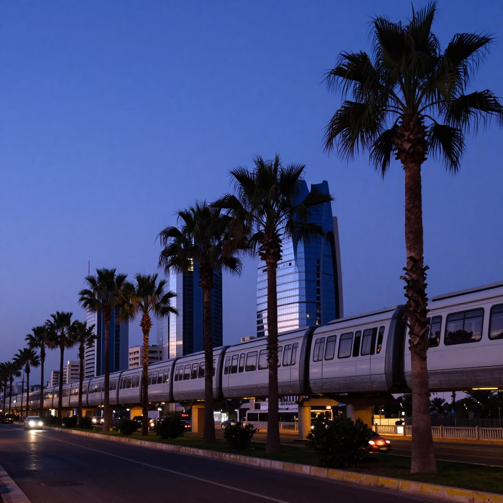 Alexandria Egypt Blue Hour Street Scene with Monorail and Palm Trees in in Alexandria, Egypt