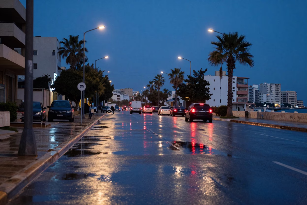 Alexandria Egypt Blue Hour Street Scene with Puddle Reflections and Tail Lights in in Alexandria, Egypt