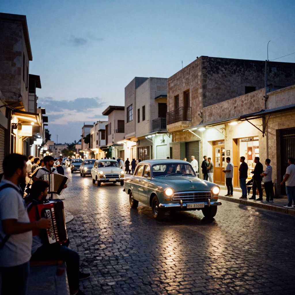 Alexandria Egypt Blue Hour Street Scene with Vintage Car Rally and Accordion Musician in in Alexandria, Egypt