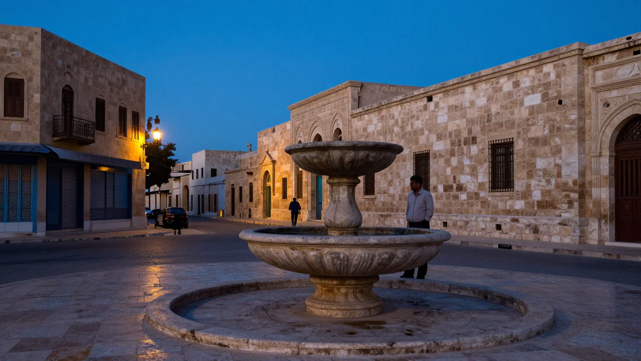 Alexandria Egypt Blue Hour Street Scene with Water Basin and Stone Architecture in in Alexandria, Egypt