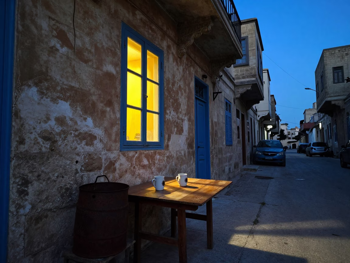 Alexandria Egypt Blue Hour Street Scene with Window Light and Rusty Bucket in in Alexandria, Egypt