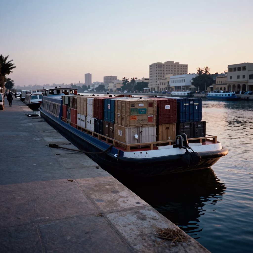 Alexandria Egypt Canal Barge Loaded with Cargo Before Sunrise Street Scene in in Alexandria, Egypt