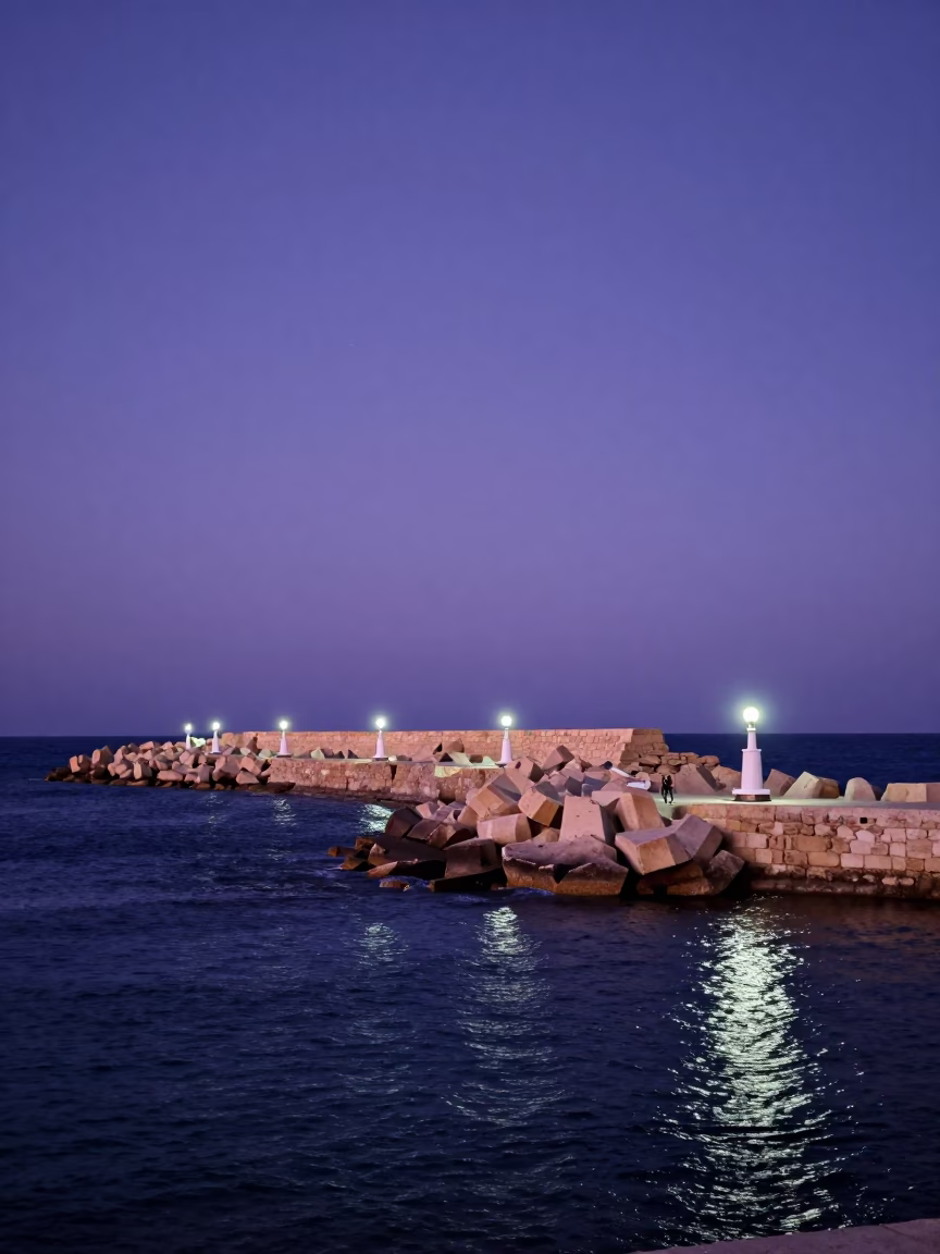 Alexandria Egypt Coastal Breakwater Warning Beacons Indigo Twilight Dusk in in Alexandria, Egypt