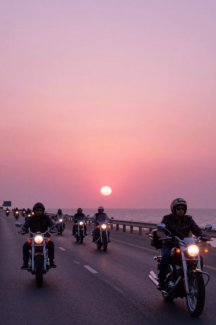 Alexandria Egypt Coastal Highway Sunset Motorcycle Convoy and Pink Sky in in Alexandria, Egypt