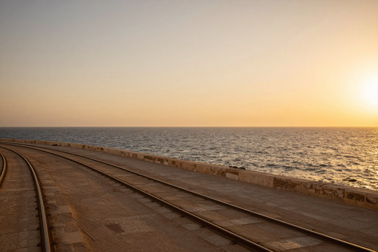 Alexandria Egypt Coastal Horizon and Tram Tracks in Honeyed Evening Light in in Alexandria, Egypt