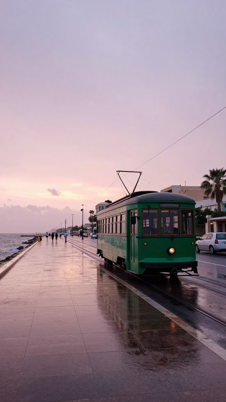 Alexandria Egypt Coastal Promenade Heritage Tram Sunrise Street Scene in in Alexandria, Egypt