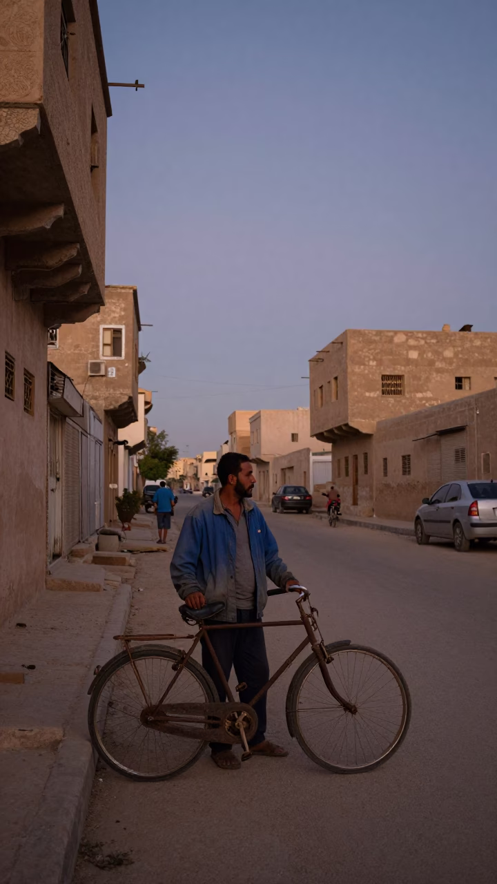 Alexandria Egypt dawn street scene with local man and bicycle before sunrise in in Alexandria, Egypt