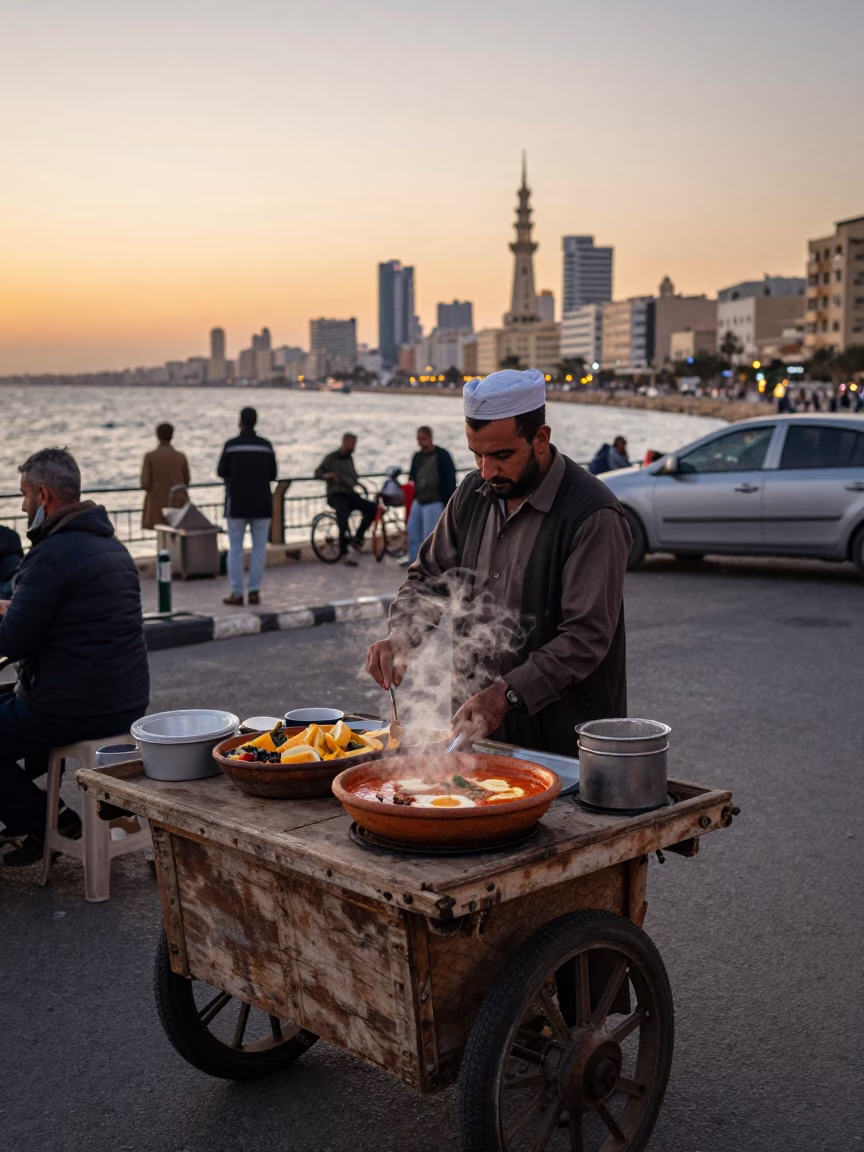 Alexandria Egypt dawn street scene with local vendor and traditional breakfast in in Alexandria, Egypt