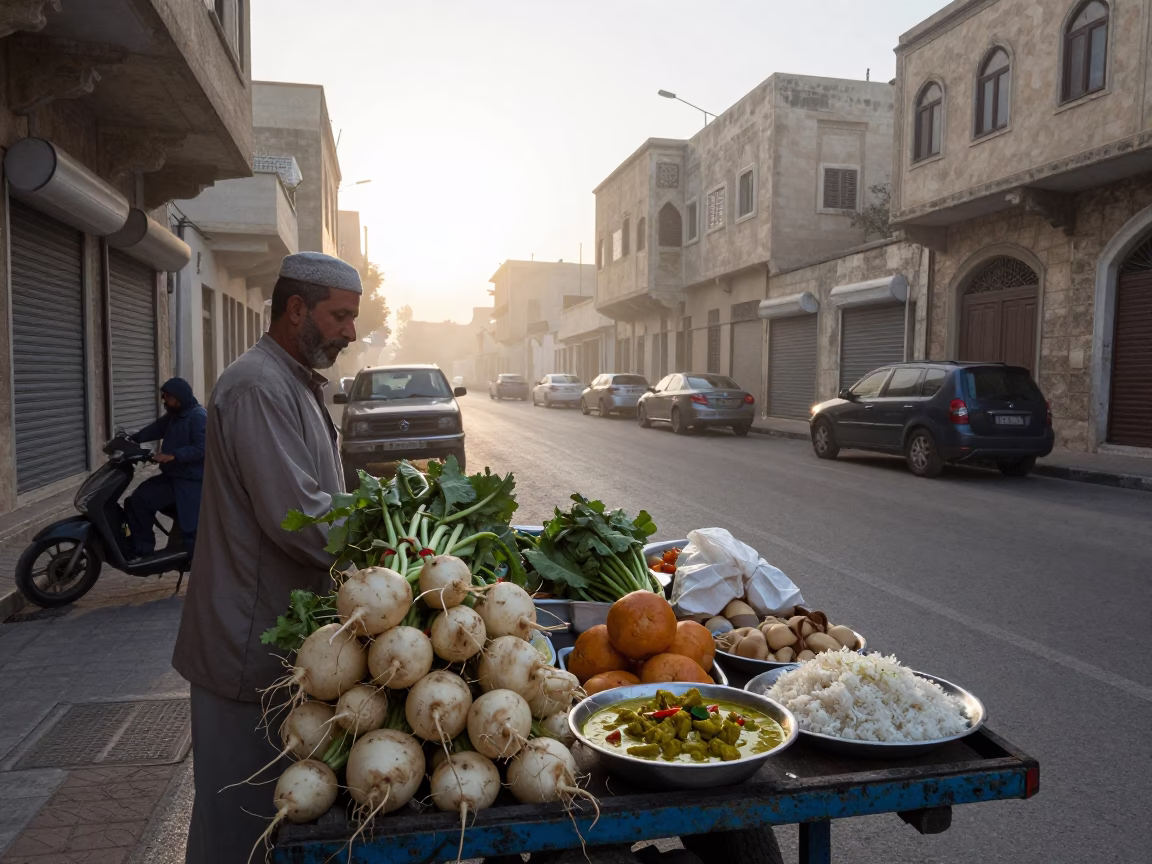 Alexandria Egypt Dawn Street Scene with Local Vendor and Traditional Elements in in Alexandria, Egypt