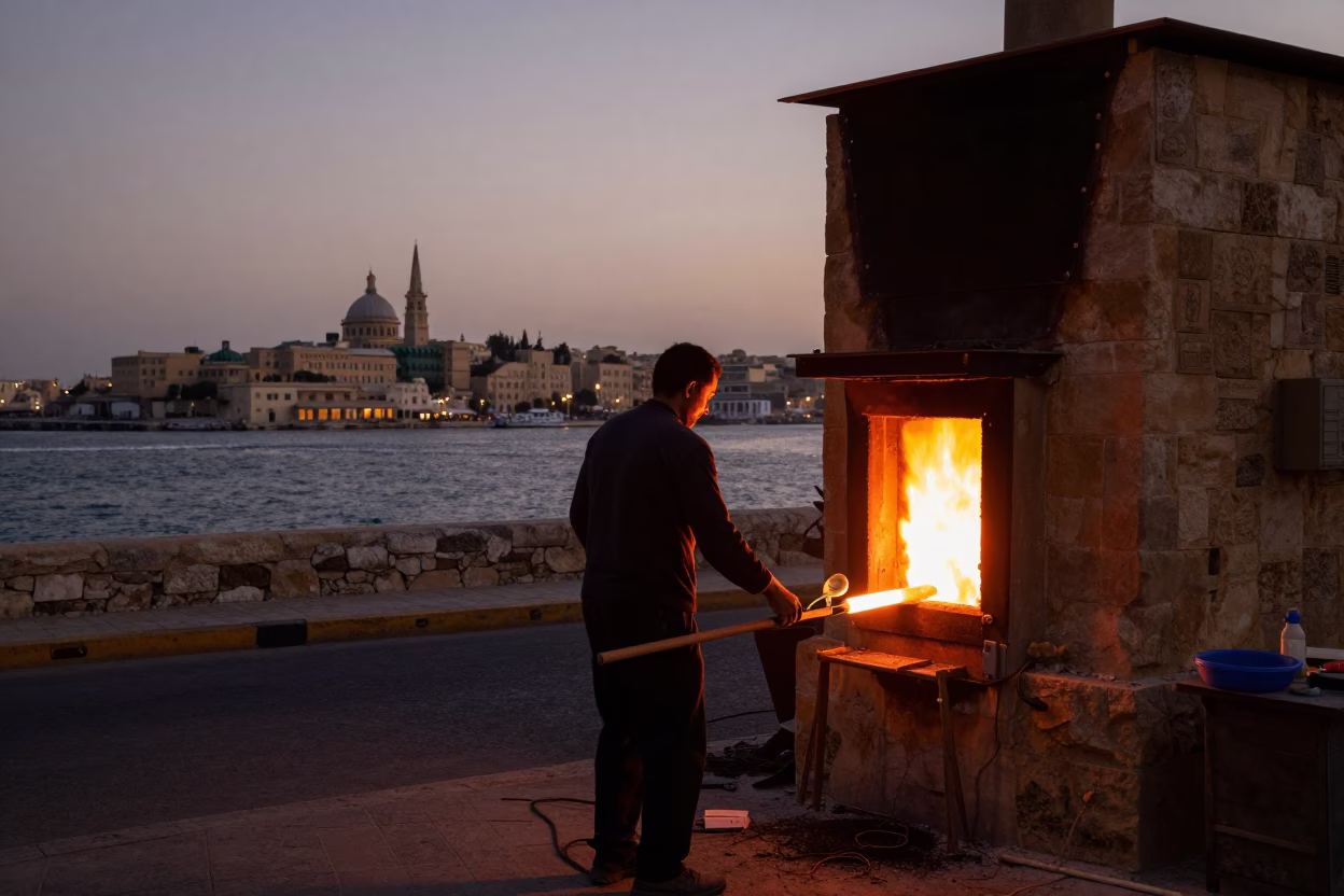 Alexandria Egypt Dusk Street Scene with Glassblower and Historic Harbor Views in in Alexandria, Egypt