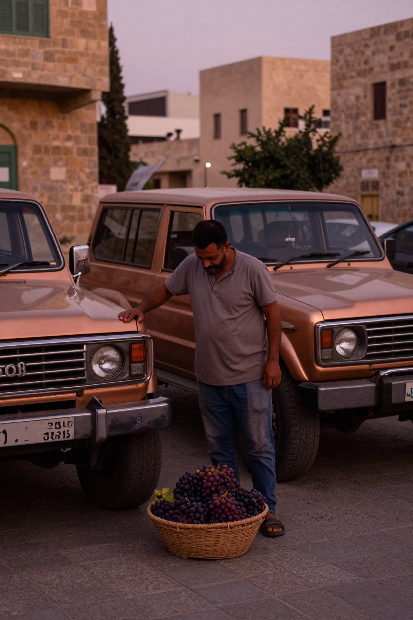 Alexandria Egypt Dusk Street Scene with Grape Vendor and Vintage SUV in in Alexandria, Egypt