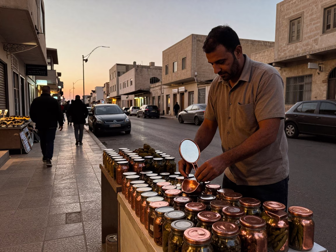 Alexandria Egypt Dusk Street Scene with Hand Mirror and Pickle Jar in in Alexandria, Egypt