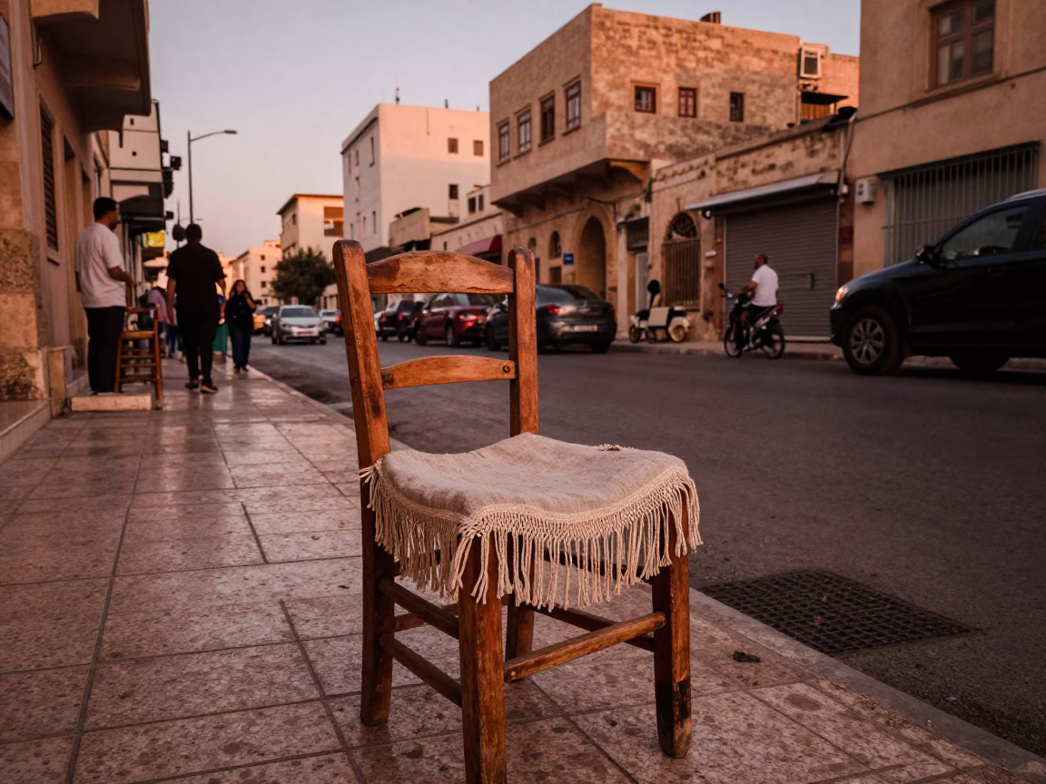 Alexandria Egypt Dusk Street Scene with Linen Fringe Chair and Enamel Pitcher in in Alexandria, Egypt