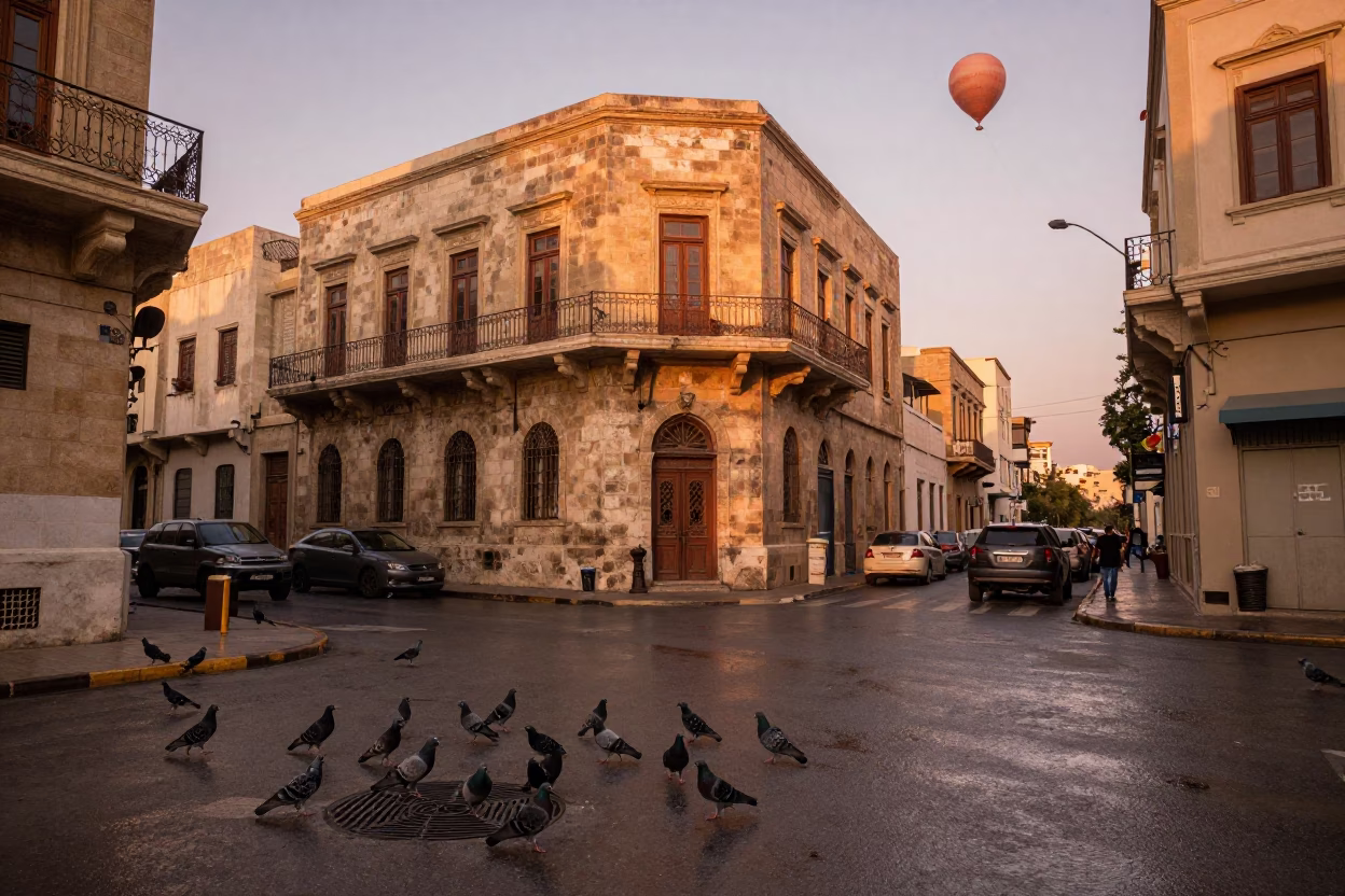 Alexandria Egypt Dusk Street Scene with Pigeons and Weather Balloon Tarp in in Alexandria, Egypt