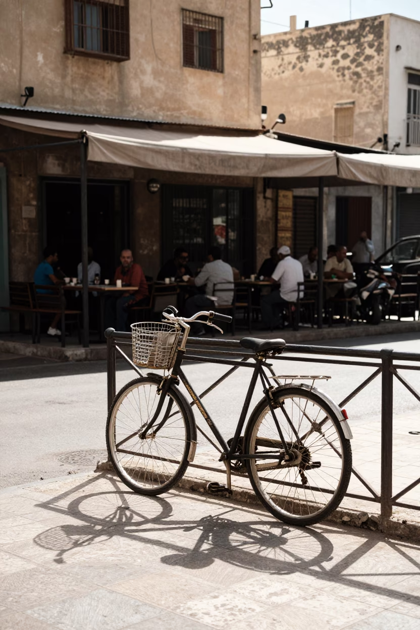Alexandria Egypt Early Afternoon Street Scene with Bicycle and Cafe Cup in in Alexandria, Egypt