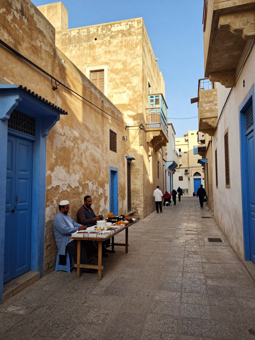 Alexandria Egypt early afternoon street scene with blue and white porcelain jar in in Alexandria, Egypt