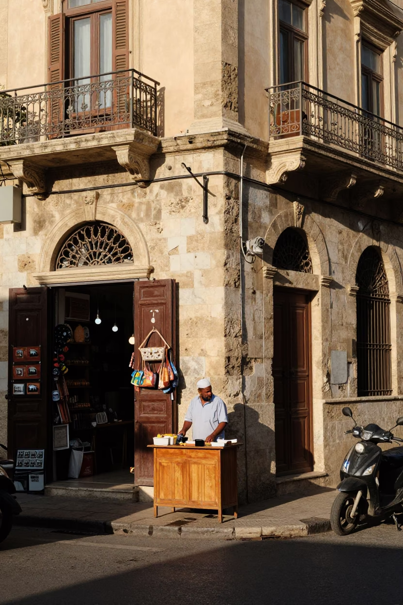 Alexandria Egypt Early Afternoon Street Scene with Local Shopkeeper and Traditional Goods in in Alexandria, Egypt