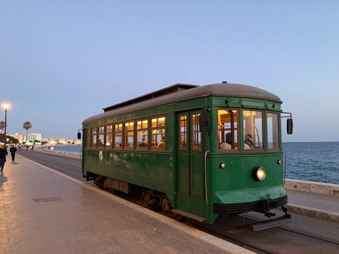 Alexandria Egypt Early Evening Coastal Promenade with Heritage Tram and Street Vendors in in Alexandria, Egypt